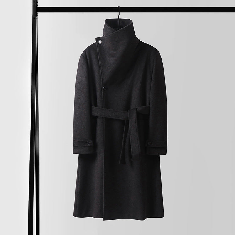 Men's Maxilength Wool Coat with High Stand-up Collar, Asymmetric Button Placket and Tied Belt Mune Fashion