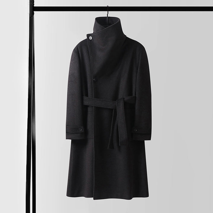 Men's Maxilength Wool Coat with High Stand-up Collar, Asymmetric Button Placket and Tied Belt Mune Fashion