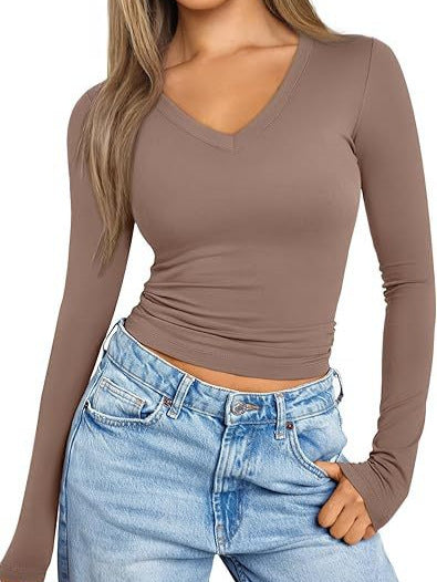 Women's Fitted Long Sleeve Cropped Shirt with V-Neck and Elastic Waistband Mune Fashion
