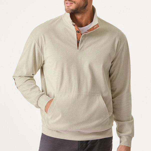 Men's fine ribbed stand-up collar sweater with button placket, kangaroo pocket, and suede elbow patches Mune Fashion