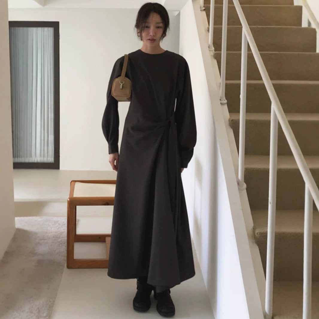 Women Long Jersey Maxi Dress with Side Knot Draping and Wide Hem Mune Fashion