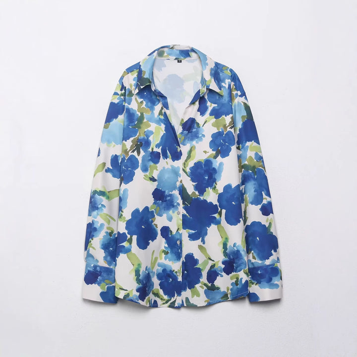 Women Loose-Fitting Silk-Like Blouse with Watercolor Print Mune Fashion