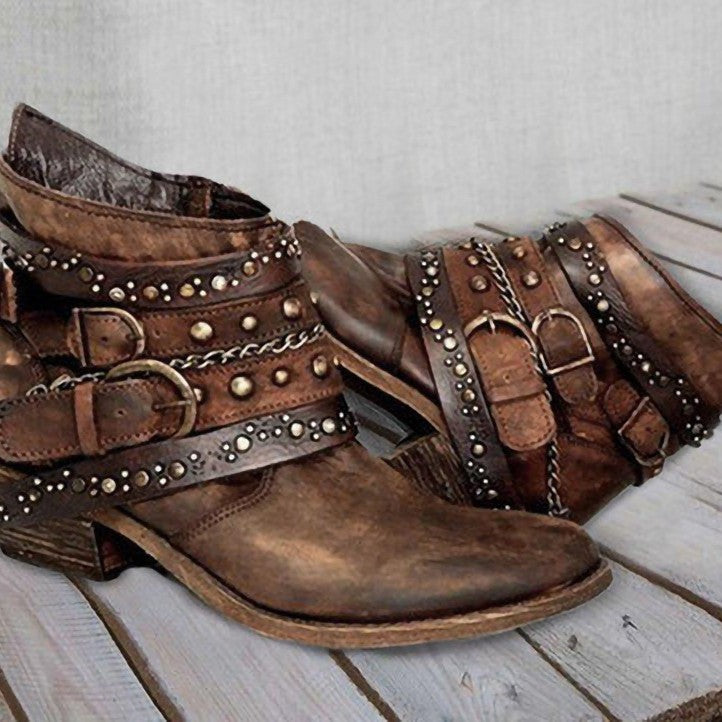 Women ankle-high biker ankle boots with multiple studded straps, decorative chains, and adjustable buckles Mune Fashion