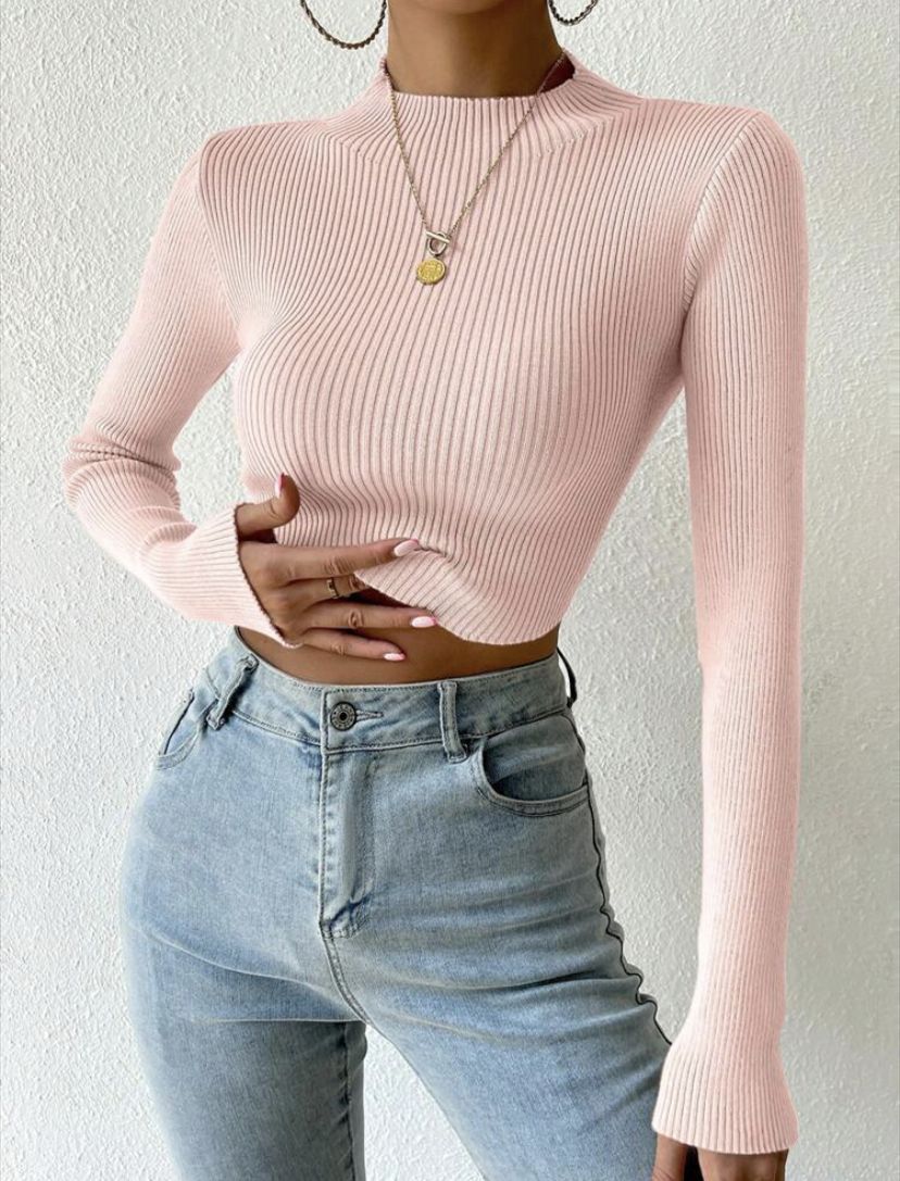 Women's Ribbed Cropped Fine Knit Sweater with Stand-Up Collar Mune Fashion