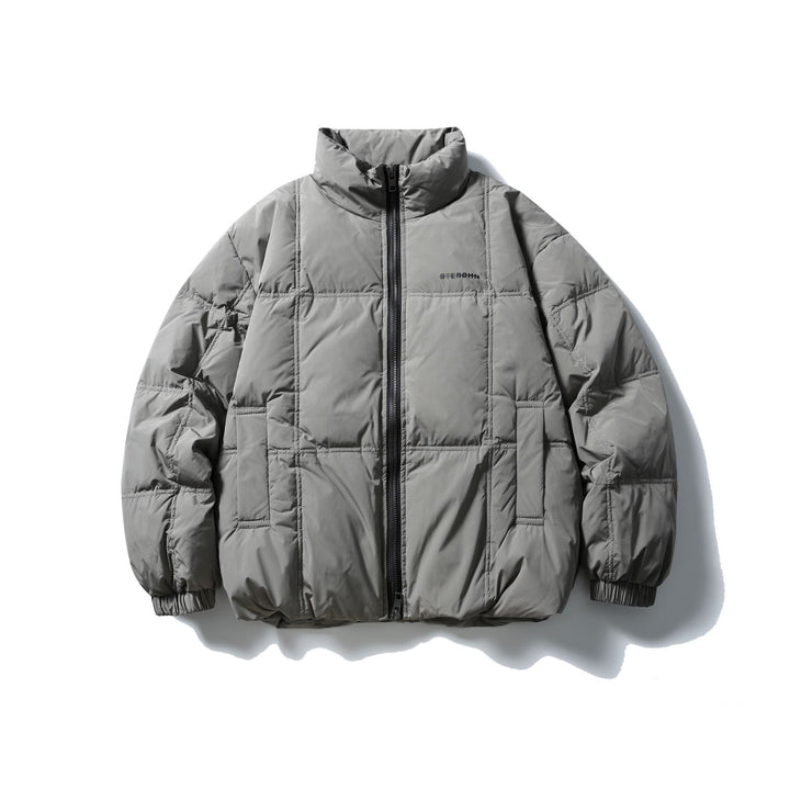 Men's Boxy Quilted Jacket with High Stand-Up Collar, Checked Quilting, and Elastic Hem