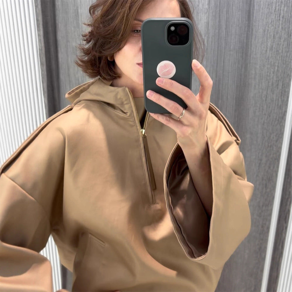 Women’s Oversized Hoodie with Half Zipper, Balloon Sleeves & Drawstring Mune Fashion