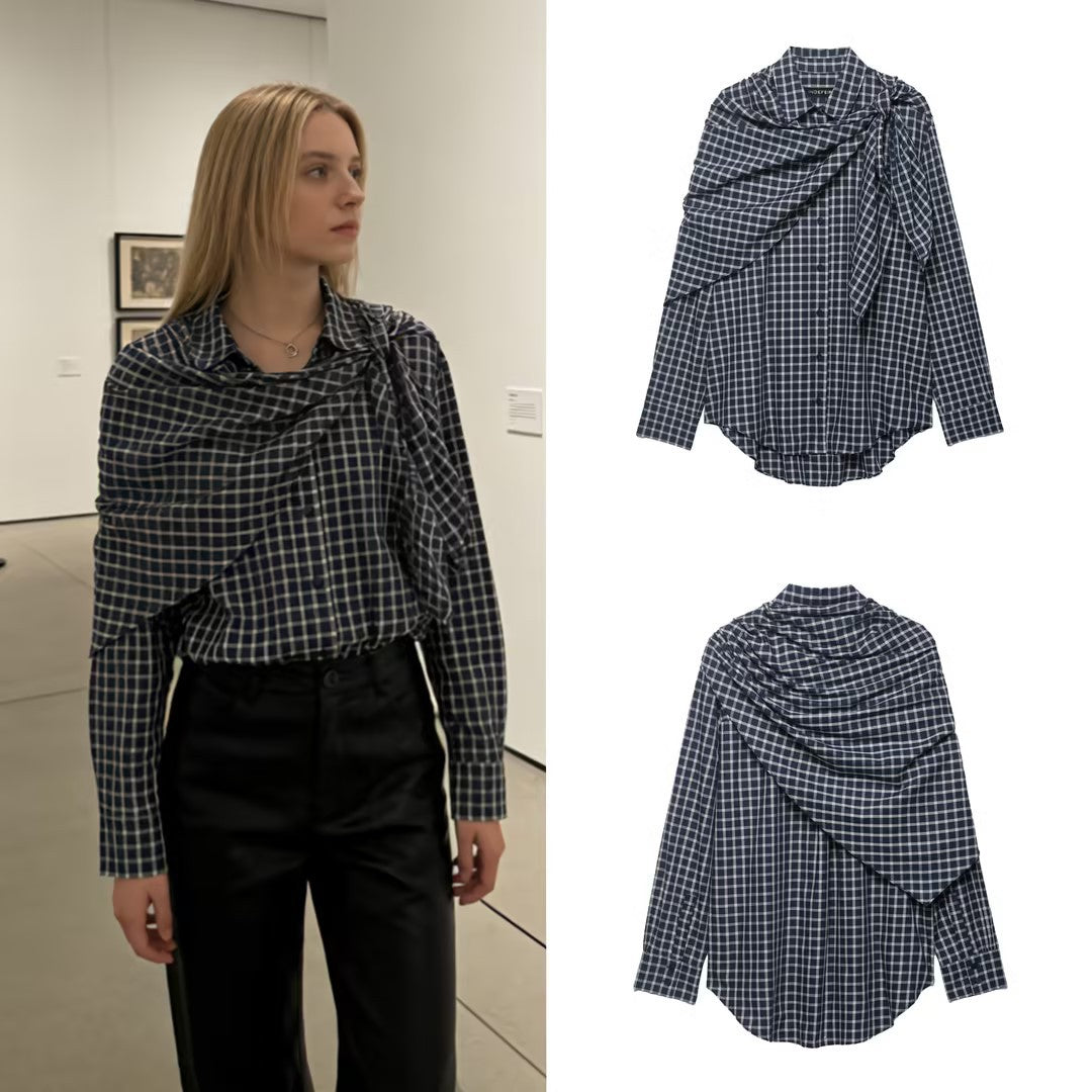 Women Oversize Shirt Blouse with Integrated Shoulder Scarf and Vichy Check Mune Fashion