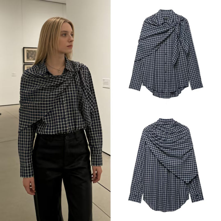 Women Oversize Shirt Blouse with Integrated Shoulder Scarf and Vichy Check Mune Fashion