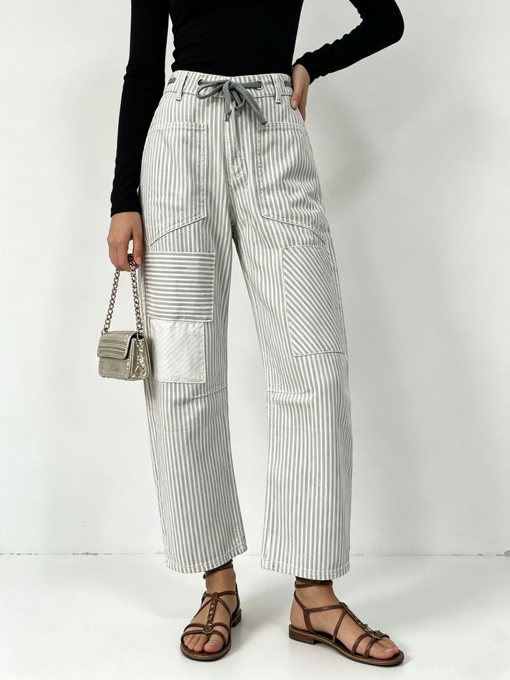 Women nan High-Waist Relaxed Pants with vertical stripe pattern, patch knee patches and drawstring Mune Fashion