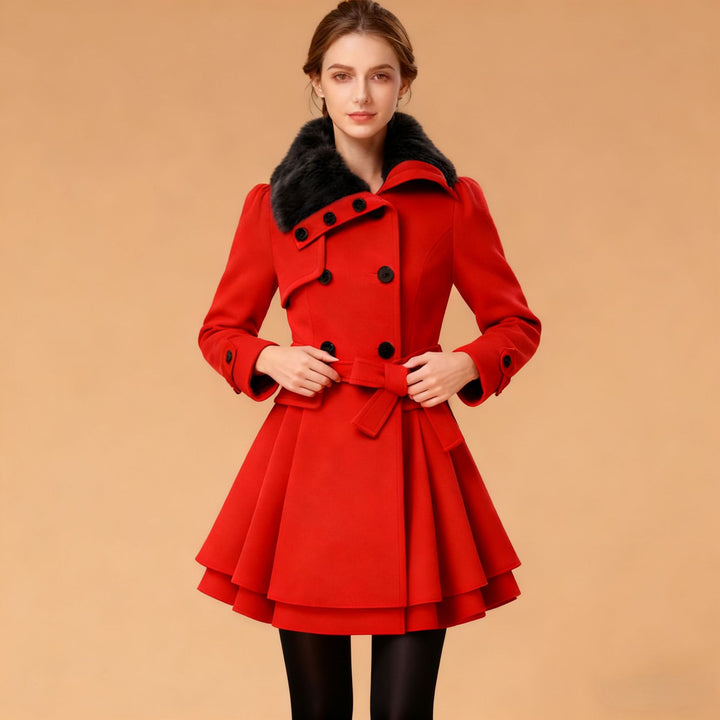 Women's Tailored Wool Mix Coat with Flared Skirt and Faux Fur Collar Mune Fashion