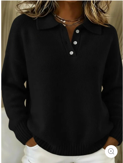 Women's cozy polo collar sweater with short button placket and ribbed cuffs Mune Fashion