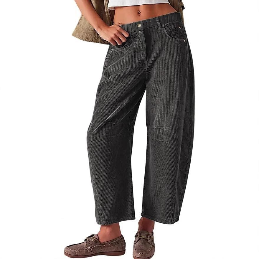 Women Wide Cord Pants with High Waist, Cropped Leg and Side Pockets Mune Fashion