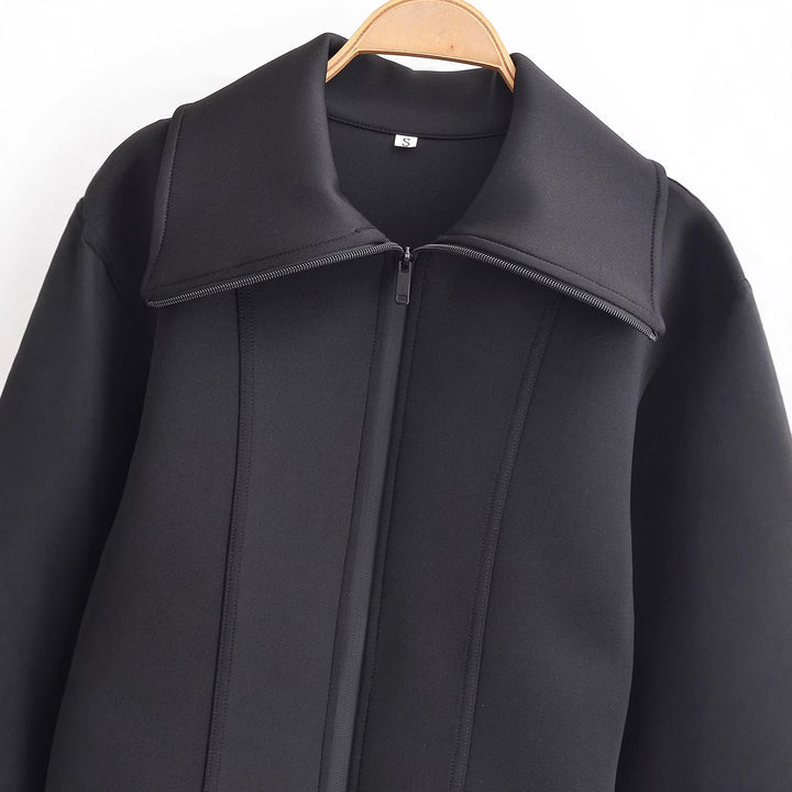 Women's Shaped Neoprene Jacket with Oversized Collar and Tailored Cropped Silhouette Mune Fashion