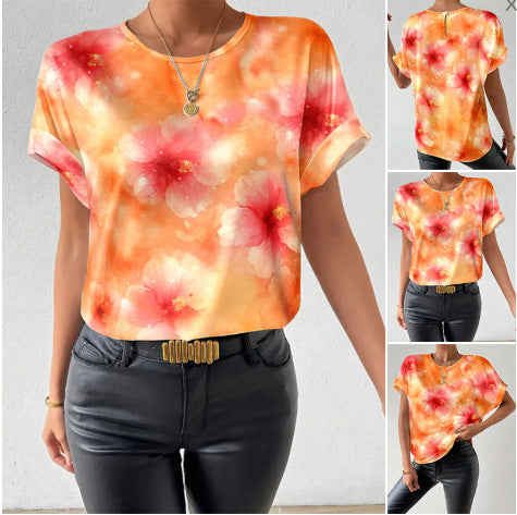 Women's loose short blouse shirt in silky look with watercolor flower print and rolled-up sleeves Mune Fashion