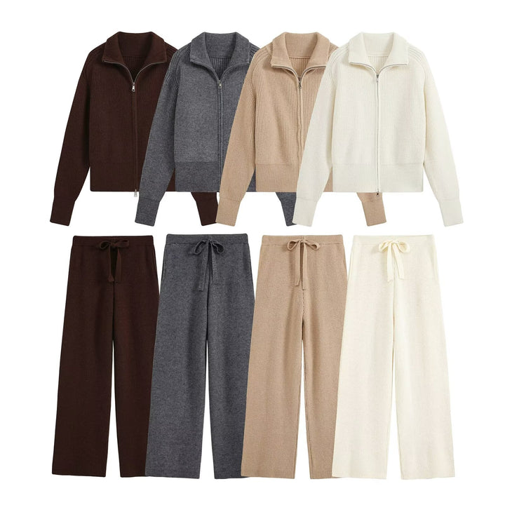 Women fine-structured knit set with zip cardigan and wide pants Mune Fashion