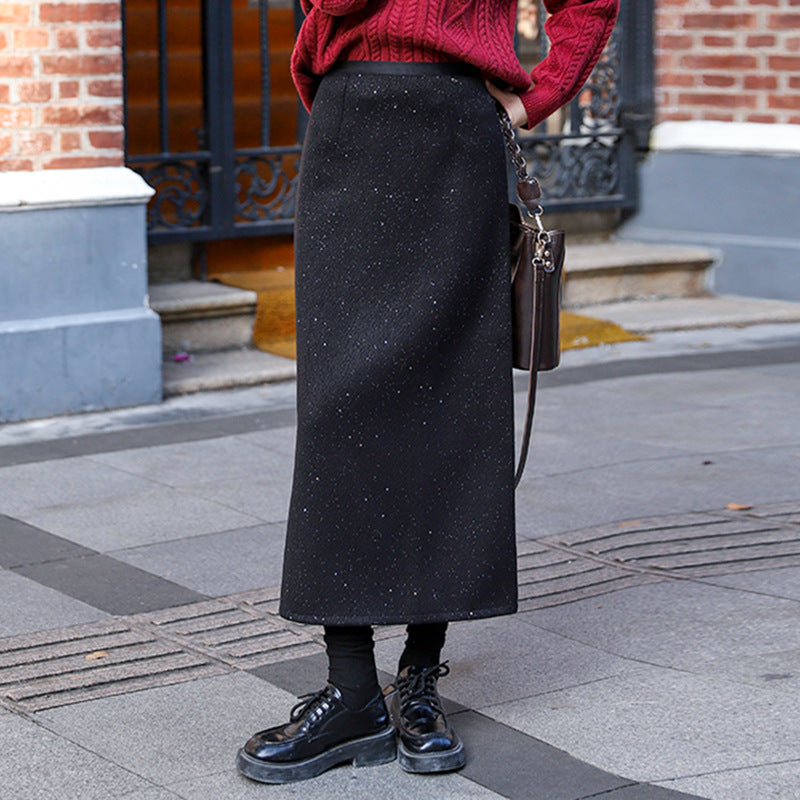 Women's tailored wool-blend midi skirt with subtle glitter texture, Mune Fashion