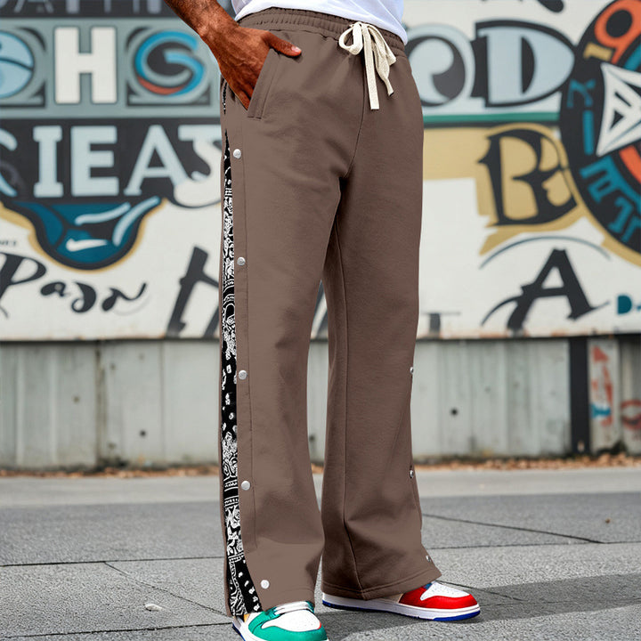 Men's Loose Snap-Track Pants with Drawstring, Side Bandana Trim and Snap Closure Mune Fashion