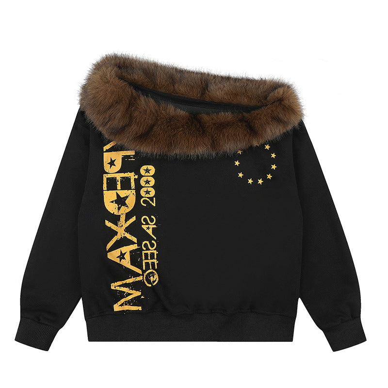 Women's oversized sweatshirt with faux fur collar, ribbed cuffs and statement print Mune Fashion