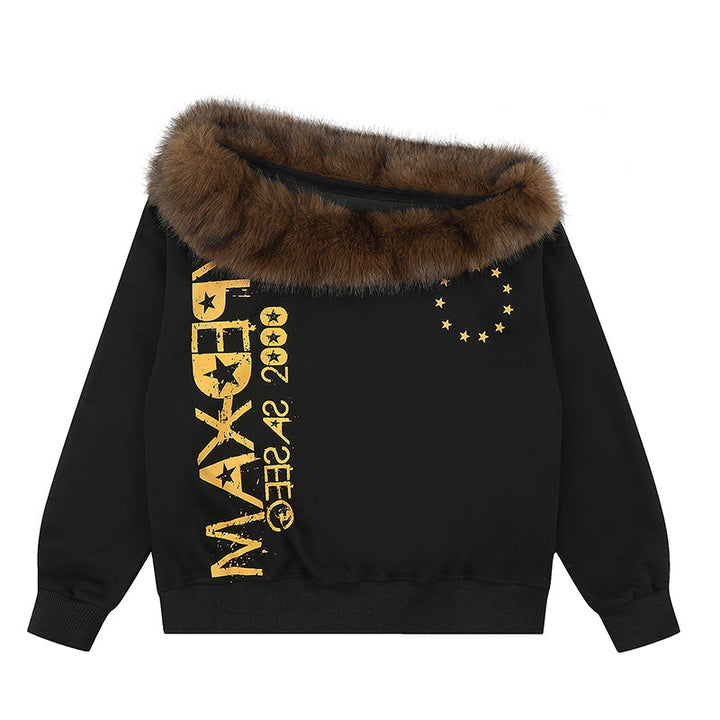 Women's oversized sweatshirt with faux fur collar, ribbed cuffs and statement print Mune Fashion