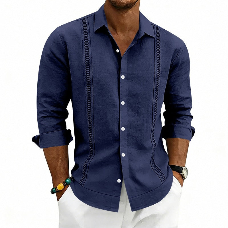 Men's Lightweight Cotton Long Sleeve Shirt with Decorative Stitches and Kent Collar Mune Fashion