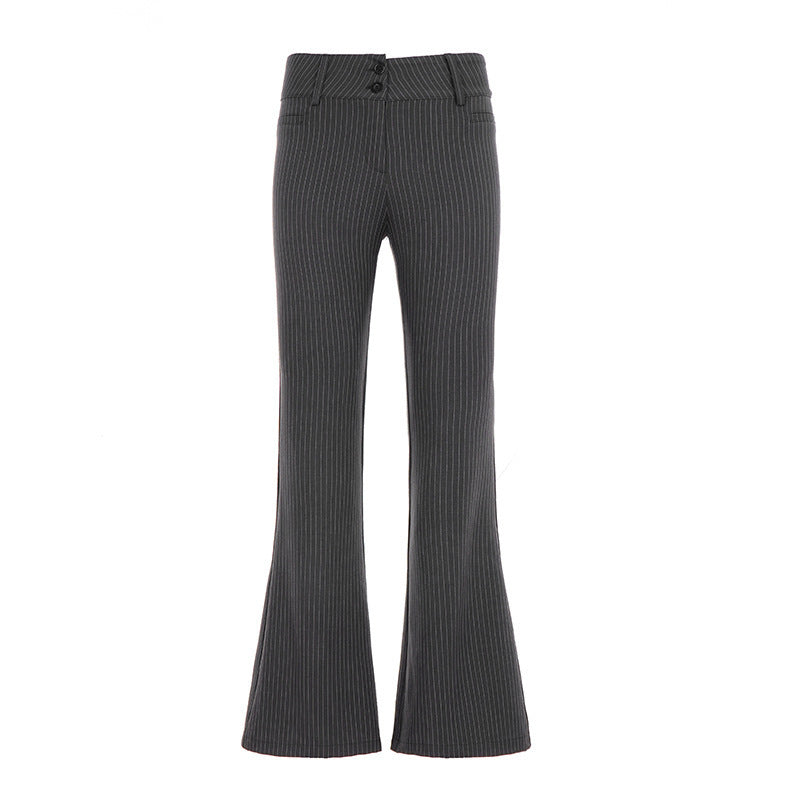 Women High-Waisted Stretch Flared Trousers with Pinstripes and Double Button Mune Fashion