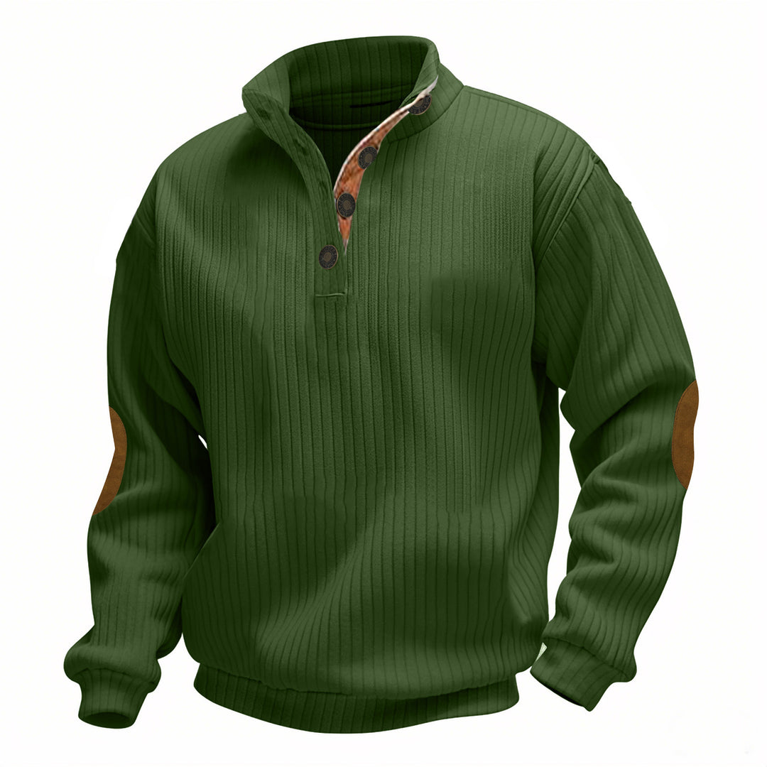 Men's cable knit turtleneck with stand-up collar, half button placket, and contrasting leather applications Mune Fashion