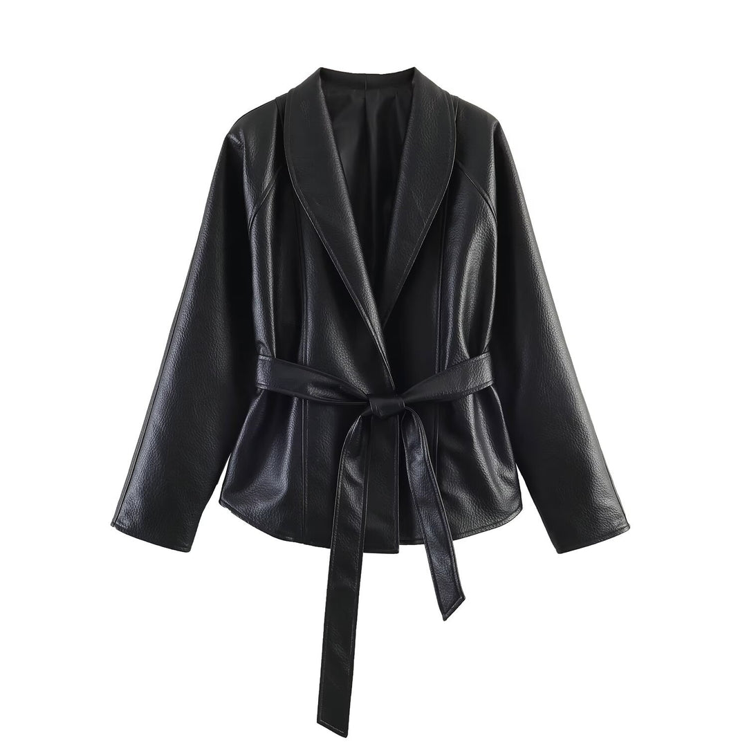 Women's Leather Look Wrap Jacket with Tie Belt Mune Fashion
