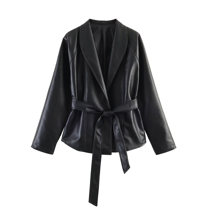 Women's Leather Look Wrap Jacket with Tie Belt Mune Fashion