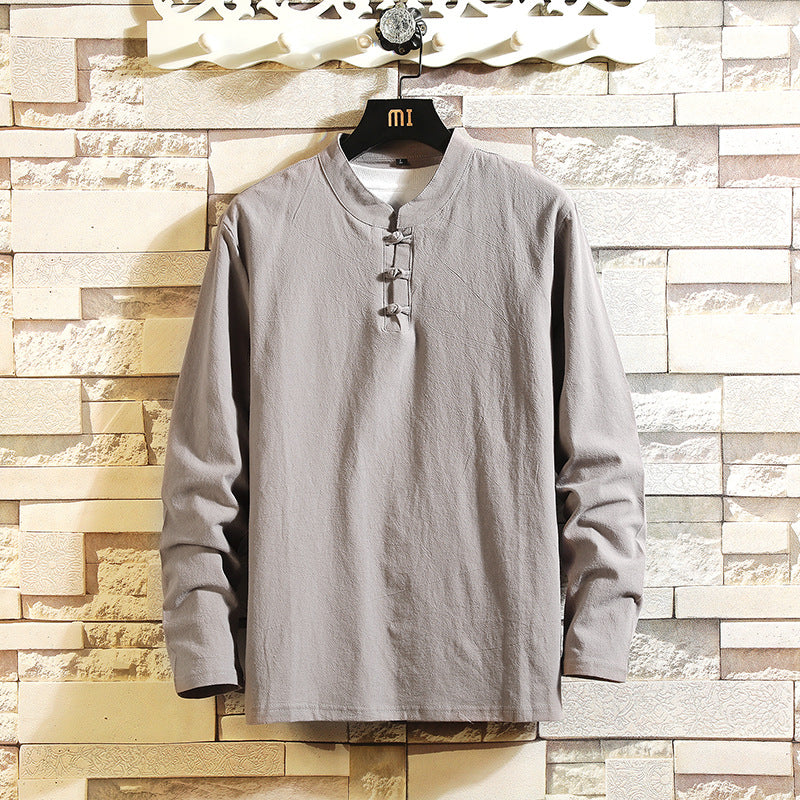 Men's relaxed cotton-linen two-piece with stand-up collar and drawstring Mune Fashion