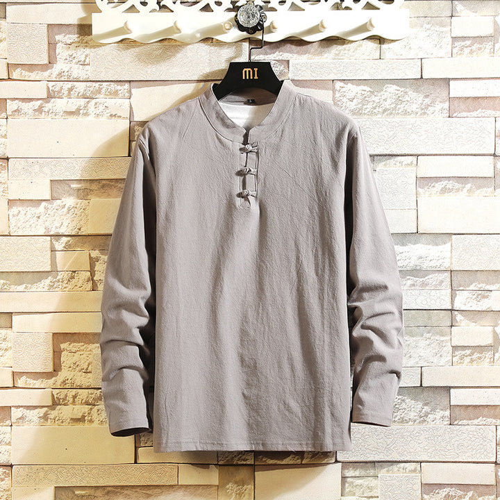 Men's relaxed cotton-linen two-piece with stand-up collar and drawstring Mune Fashion