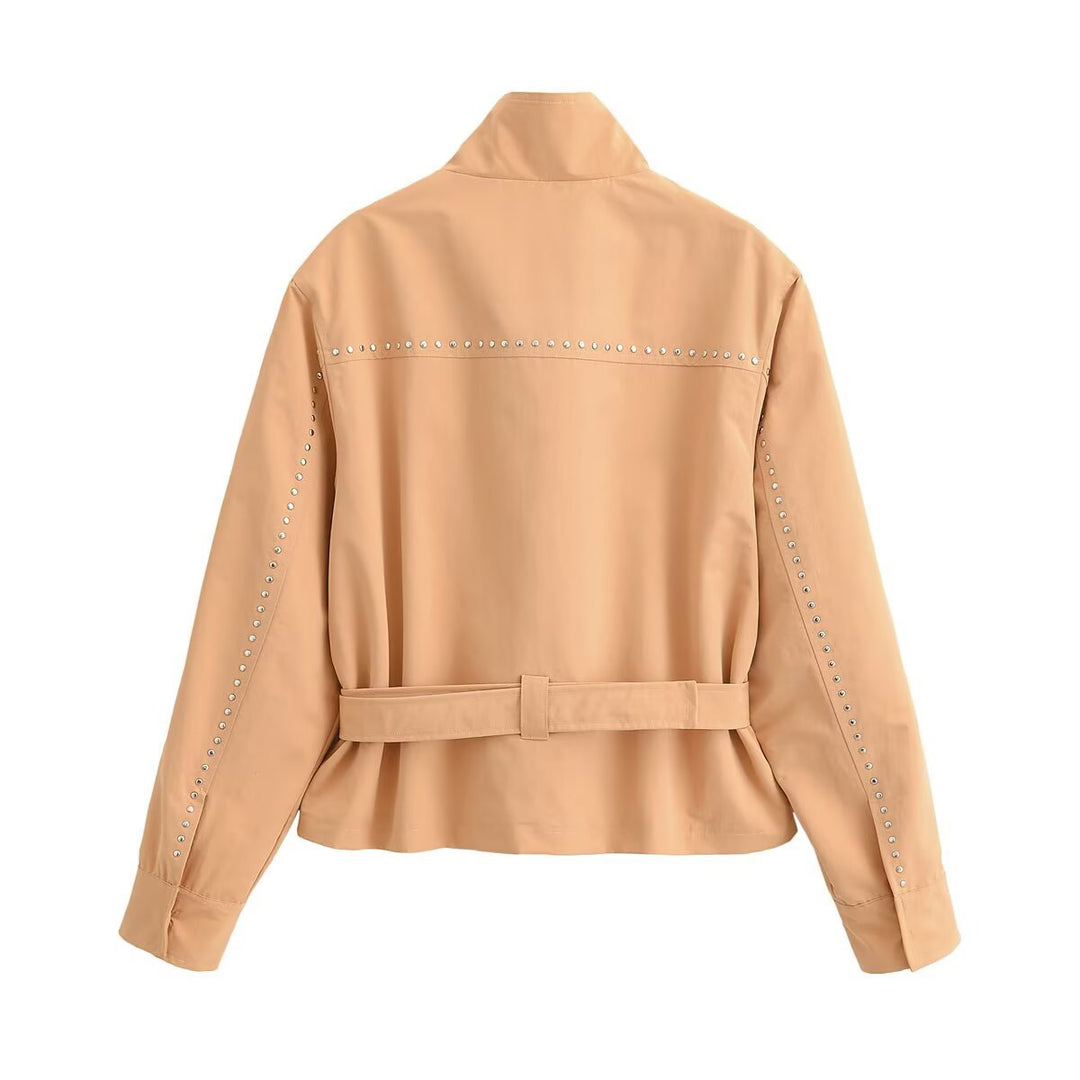 Ladies short jacket with studded details, stand-up collar and waist belt Mune Fashion