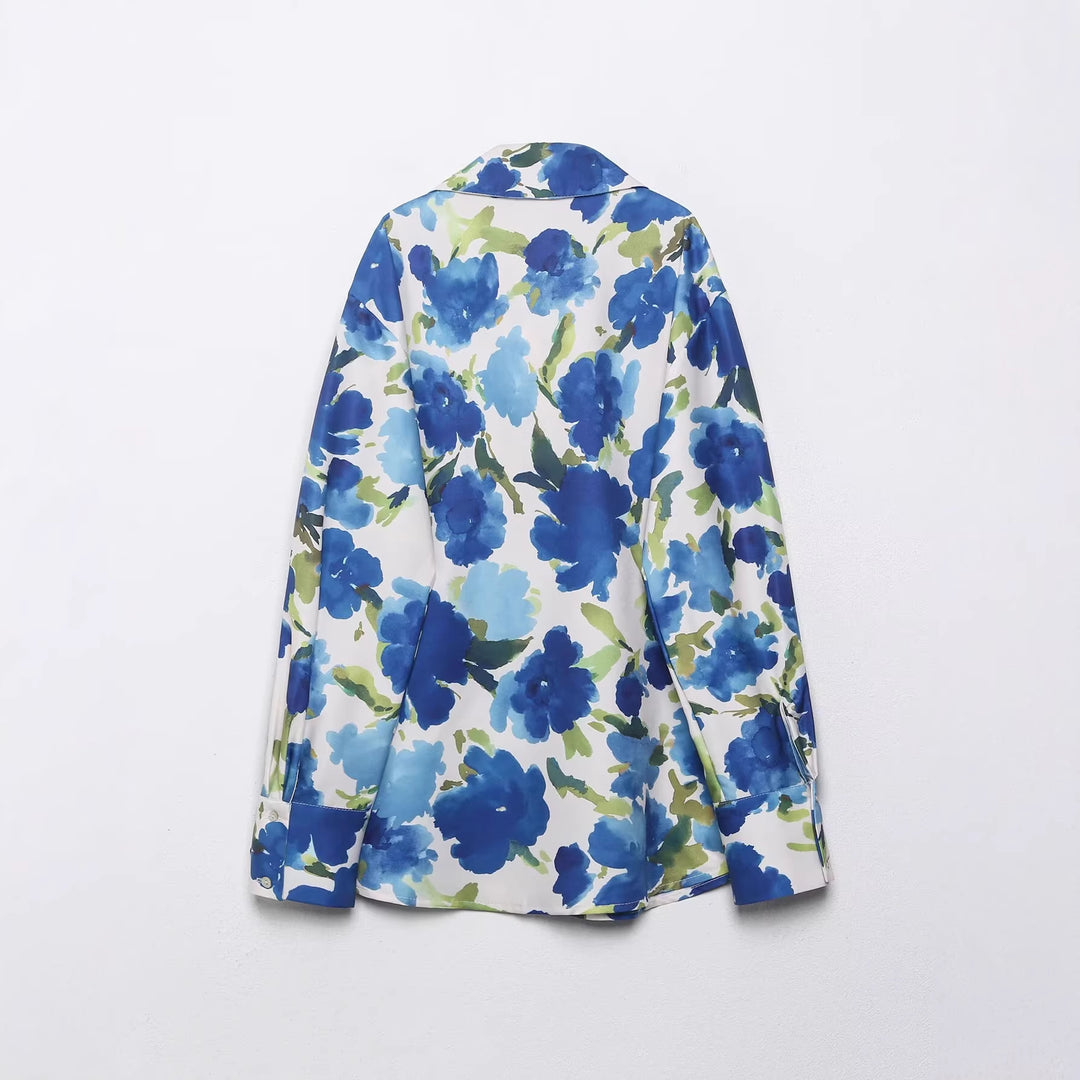 Women Loose-Fitting Silk-Like Blouse with Watercolor Print Mune Fashion