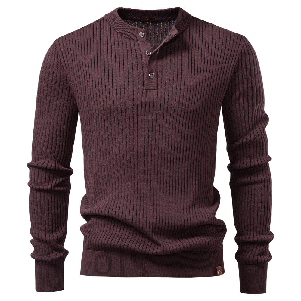 Men's ribbed long-sleeve henley pullover with stand-up collar, fine rib knit and slim fit Mune Fashion