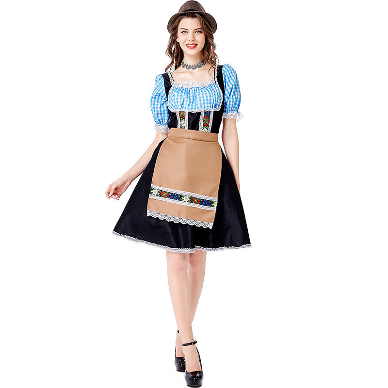 Women’s folkloric Oktoberfest costume in dirndl style with Carmen blouse, laced bodice, and embroidered apron Mune Fashion