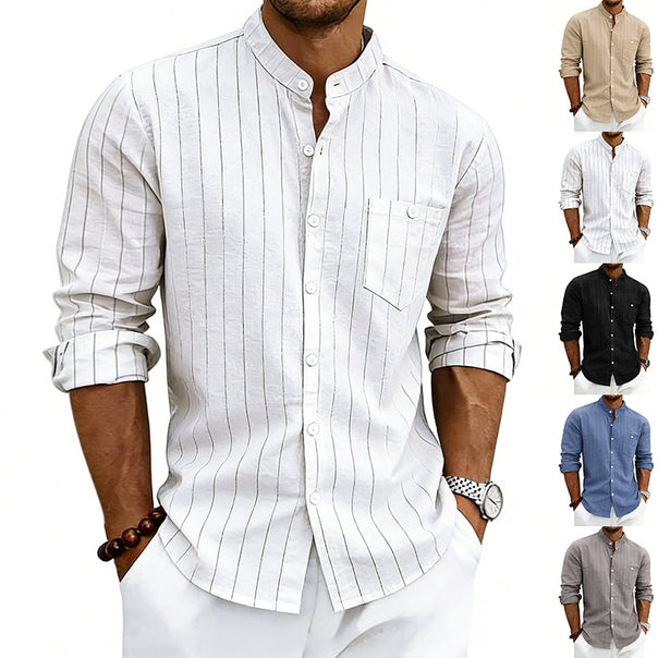 Men's breathable pinstripe long-sleeve shirt with stand collar, chest pocket, and rounded hem Mune Fashion