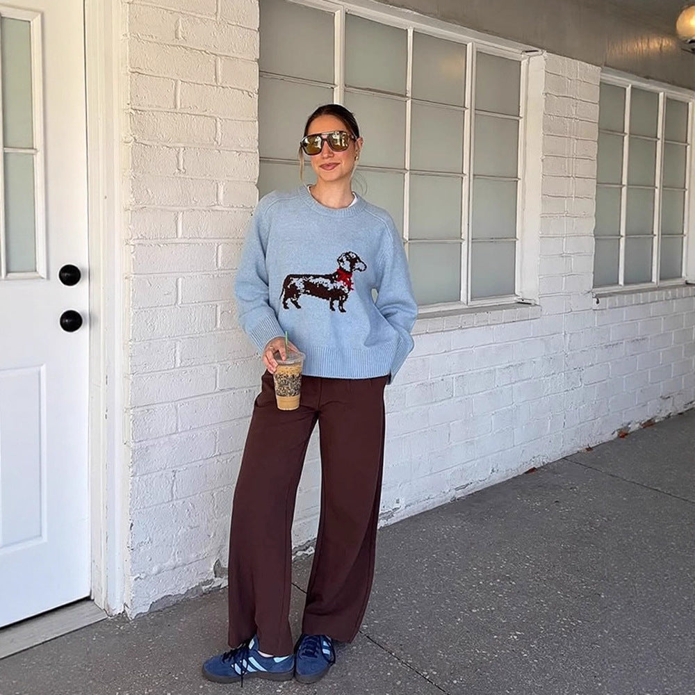 Women's knit sweater with dachshund intarsia and relaxed oversized fit Mune Fashion