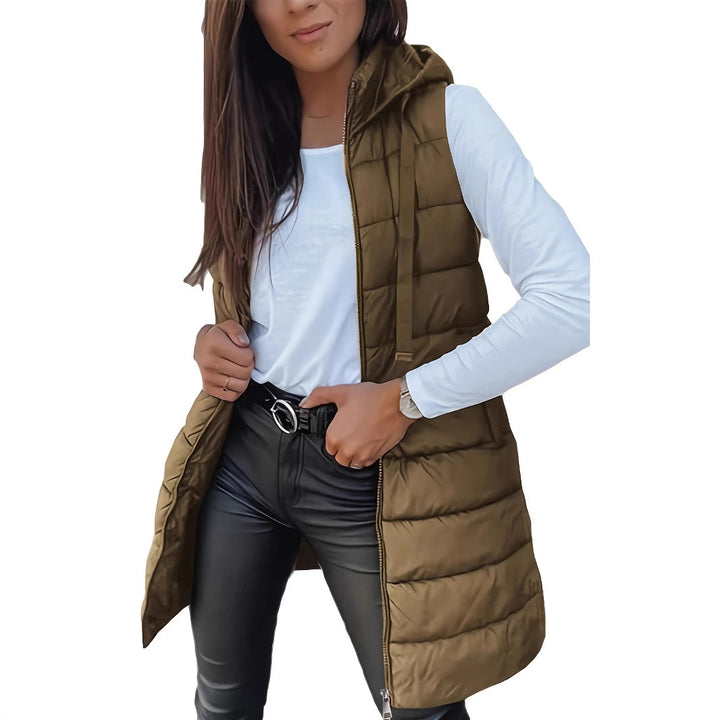Ladies nan long quilted hooded vest with two-way zipper and side pockets Mune Fashion