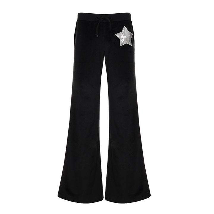 Women's Wide Velvet Sweatpants with Drawstring, Flared Leg and Sequin Star Mune Fashion