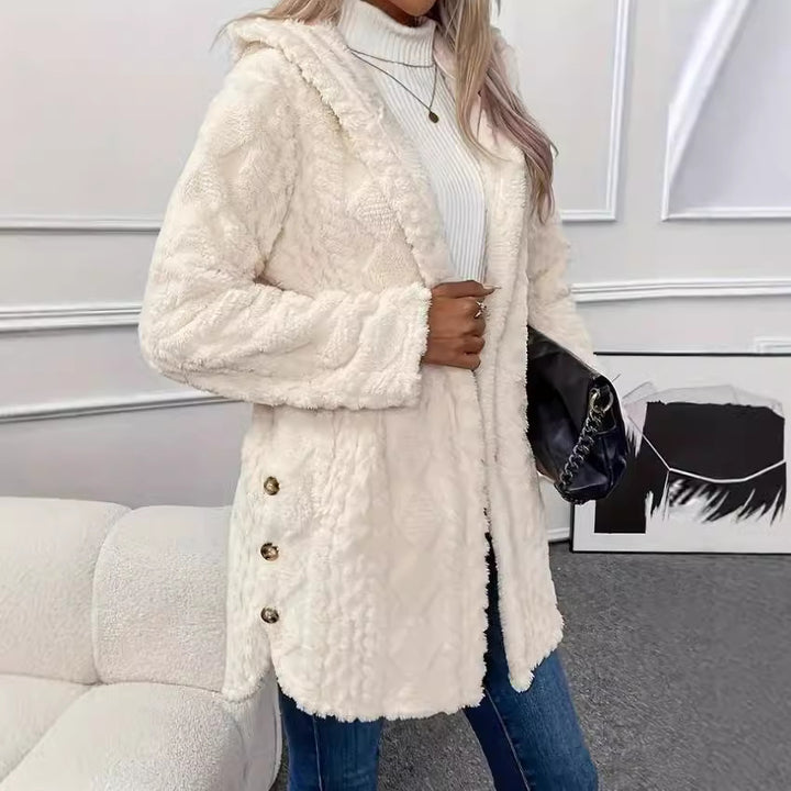 Women's hooded teddy coat with cable pattern, decorative buttons and warm fleece lining Mune Fashion