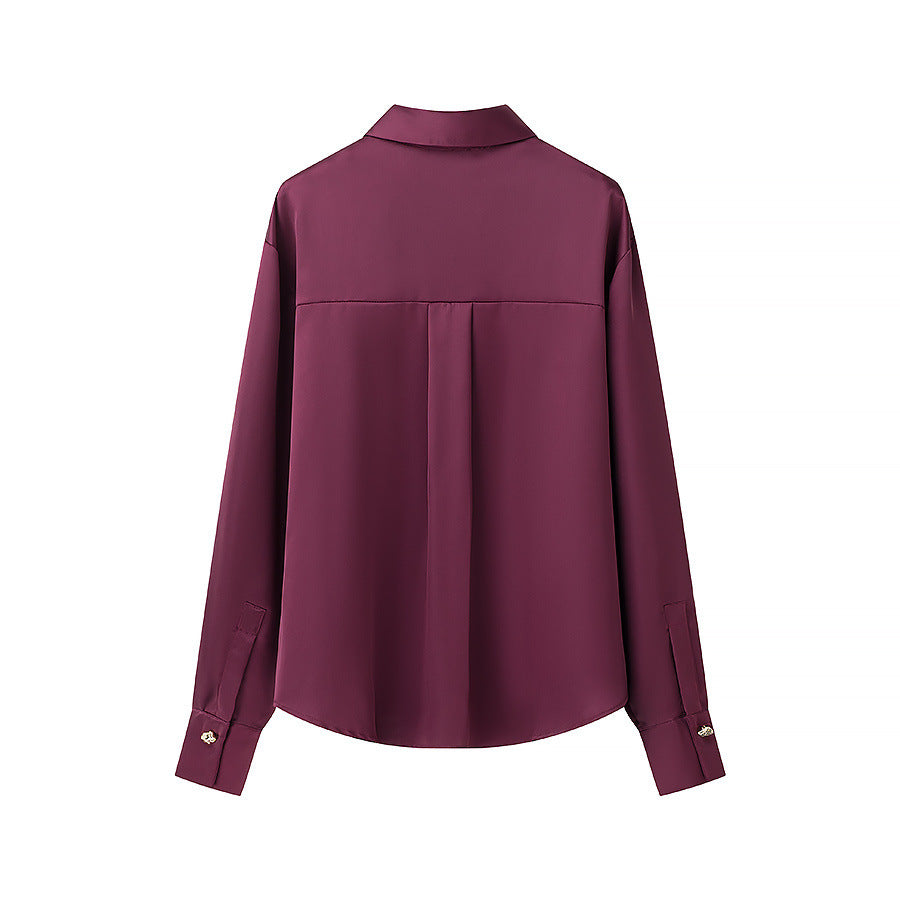 Women's luxury silk-like blouse with decorative button placket and classic collar Mune Fashion