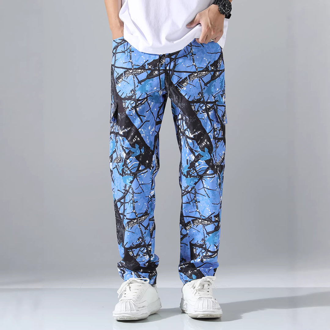 Men's patterned cargo jogging pants with drawstring waistband, cargo pockets & elastic ankle cuffs Mune Fashion