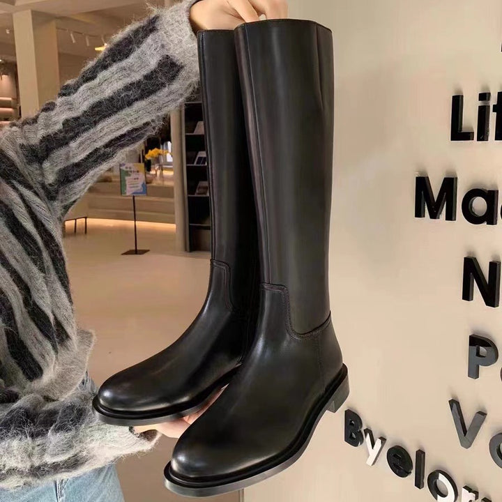 Women Knee-High Smooth Leather Boots with Sleek Silhouette and Flat Profile Sole Mune Fashion