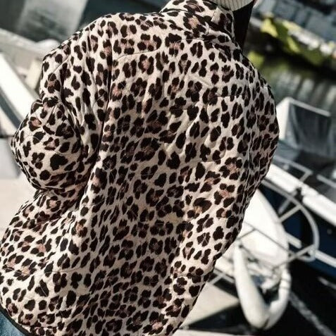 Women's Lined Short Jacket in Leopard Print with Shawl Collar and Piping Mune Fashion