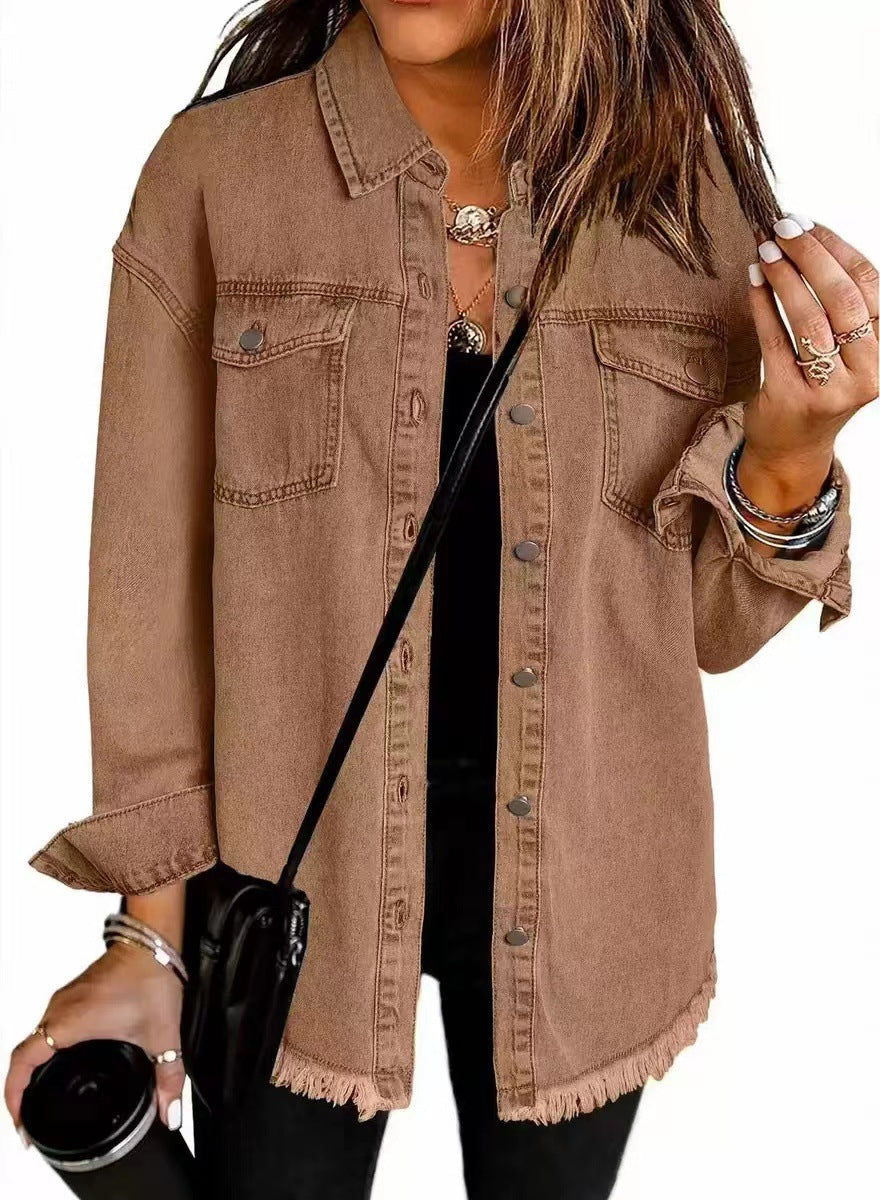 Women's Oversized Denim Shirt Jacket with Fringe Hem Mune Fashion