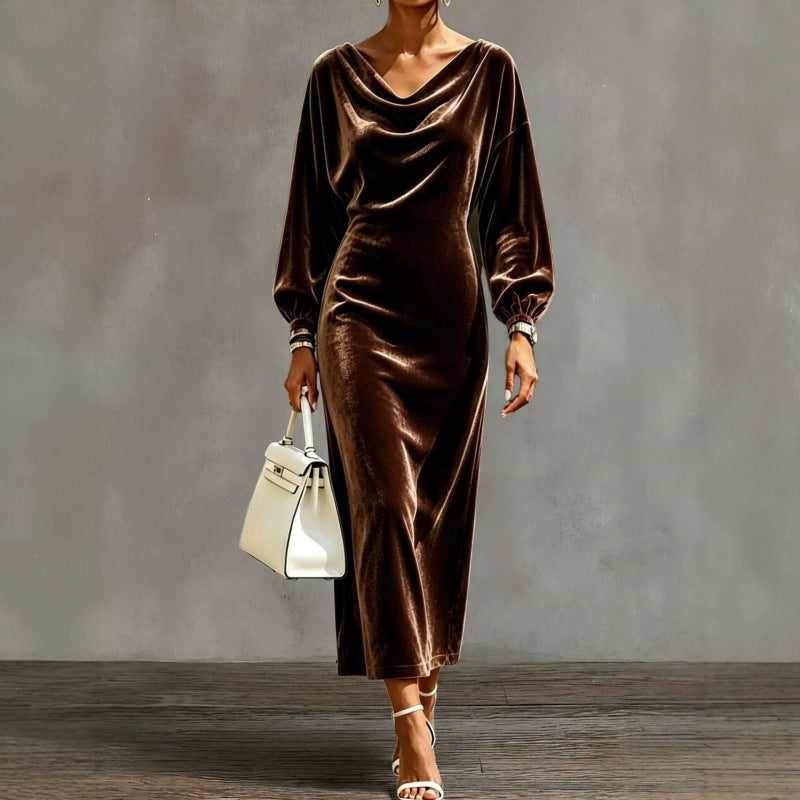 Women's midi dress made of velvet with draped waterfall neckline and balloon sleeves Mune Fashion