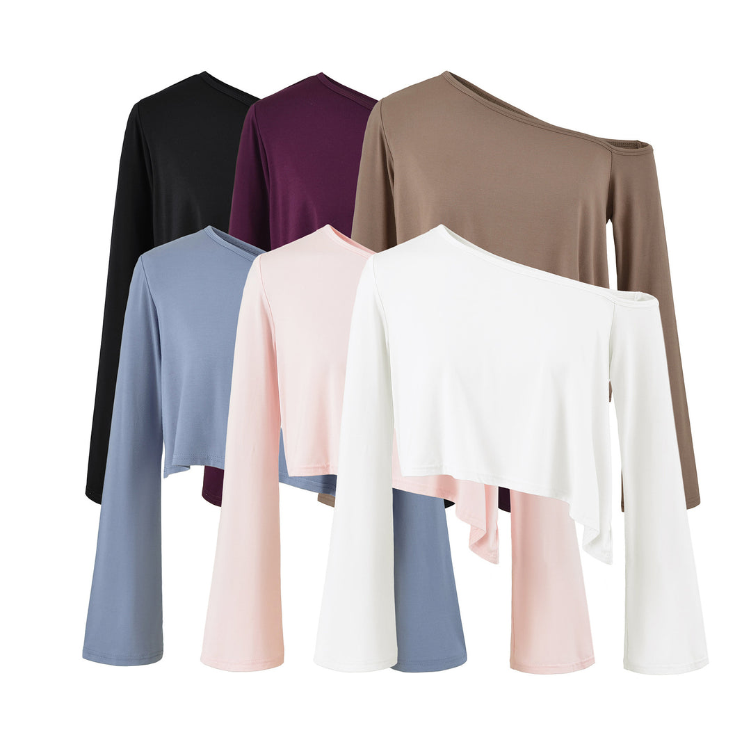 Ladies One-Shoulder Crop Top with Asymmetric Hem and Flared Sleeves Mune Fashion
