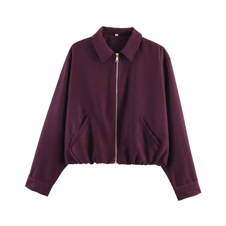 Ladies cropped blouson jacket in velour look with shirt collar, elastic hem and side pockets Mune Fashion