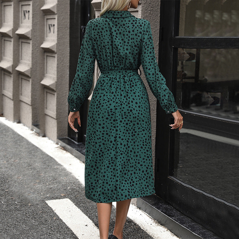 Women's Long-Sleeved Shirt Dress with Belt and Dots Mune Fashion