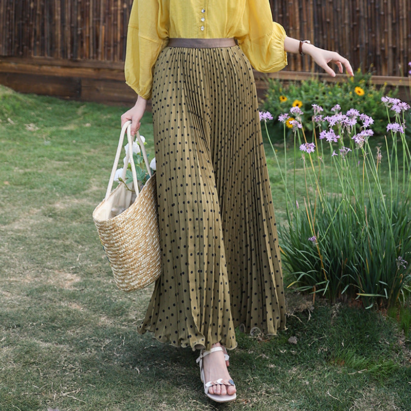 Women's pleated circle midi skirt in retro polka dot design with elastic comfort waistband Mune Fashion