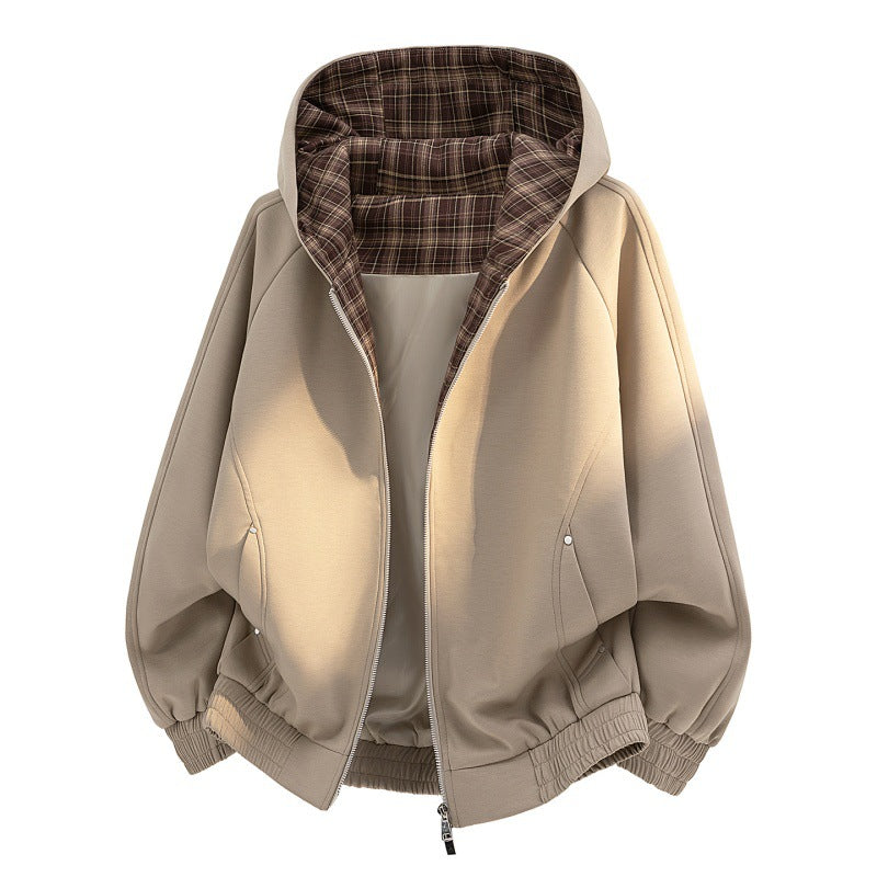 Women's casual sweat bomber with quilted check lining in hood and elastic hem Mune Fashion